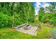 Landscaped backyard featuring a stone fire pit with built-in bench seating at 601 Lee St, Durham, NC 27701
