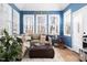 Inviting living room featuring blue walls, large windows, and comfortable seating with an ottoman at 804 Chancellors Ridge Dr, Durham, NC 27713