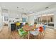 Open dining space with colorful seating, modern lighting, and a view of the outdoor patio at 813 N Mangum St, Durham, NC 27701