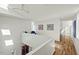 Upstairs hallway featuring hardwood floors, white walls, and modern art at 813 N Mangum St, Durham, NC 27701