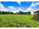Expansive view of the backyard featuring lush, green grass and a partially wooded treeline at 9315 Turkey Way, Middlesex, NC 27557