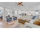 Spacious open-concept living room with hardwood floors, stylish furniture and a view of the kitchen at 1129 Sequoia Creek Ln, Cary, NC 27519