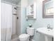 Cozy bathroom featuring a pedestal sink, a toilet, a shower, and a mirrored medicine cabinet at 120 Galax Ln, Durham, NC 27703