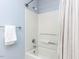 Bathroom features a shower-tub combo with a shower curtain and a towel bar at 120 Galax Ln, Durham, NC 27703