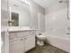 Bathroom featuring a vanity with storage, an enclosed tub-shower, and a large mirror at 203 Canyon Lake Cir, Morrisville, NC 27560