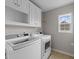 Bright laundry room with white cabinets, front load washer and dryer, and a window at 3732 Coach Lantern Ave, Wake Forest, NC 27587