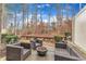 This is an inviting patio featuring wicker seating around a fire pit with a tree-lined background at 410 Bent Tree Ln, Cary, NC 27519
