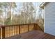 View of wooden back deck with wooden railing looking out to wooded backyard at 4940 Heathshire Dr, Raleigh, NC 27616