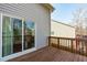 View of sliding glass door to back deck with wooden railing on back of house at 4940 Heathshire Dr, Raleigh, NC 27616