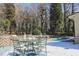 Outdoor dining area near pool in backyard with lush landscaping at 515 S Woodland Rd, Henderson, NC 27536