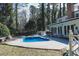 Beautiful backyard pool featuring a paved patio, surrounded by lush trees providing a private oasis at 515 S Woodland Rd, Henderson, NC 27536