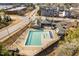 Aerial view of community clubhouse, pool and recreation area, perfect for relaxing and entertaining at 624 Metro Station, Apex, NC 27502