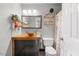 Unique bathroom featuring a wood counter, vessel sink, and creative decorations at 115 N Oakland Dr, Mebane, NC 27302