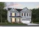 Charming two-story home featuring light blue siding, black shutters, and a two-car garage at 2100 Skipping Stone Dr # 160, Durham, NC 27705