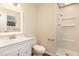 Clean bathroom with vanity sink, white cabinets, a stylish mirror, and walk in shower at 2606 Landis Dr, Durham, NC 27705