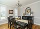 Dining room boasts hardwood floors, large windows, traditional chandelier, and stylish decor at 2609 Packhouse Rd, Zebulon, NC 27597