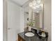 Bathroom with a dark granite vanity, sleek faucet, and an attractive framed mirror at 301 Fayetteville St # 3205, Raleigh, NC 27601