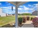 Charming covered porch featuring a relaxing view, stone column and lush greenery at 310 Mineral Spring Ln, Fuquay Varina, NC 27526