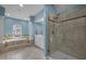 Elegant bathroom with blue walls, soaking tub, glass shower and vanity at 47 Dover Grant Ct, Chapel Hill, NC 27517