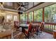 Cozy screened porch with comfortable seating, a ceiling fan, and views of the lush backyard at 1608 Doubles Ct, Raleigh, NC 27609