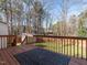 Cozy wooden deck with a patterned outdoor rug, overlooking a fenced backyard with mature trees and a storage shed at 2116 Leadenhall Way, Raleigh, NC 27603