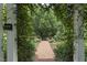 Beautifully landscaped yard featuring a brick walkway framed by lush greenery and mature trees at 230 E Park Dr, Raleigh, NC 27605