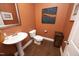 Cozy half bathroom with a pedestal sink and warm paint colors at 340 Rose Walk Ln, Carrboro, NC 27510