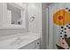 Bright bathroom with a single vanity, patterned shower curtain and decorative mirror at 3738 Lindsey Woods Rd, Hillsborough, NC 27278