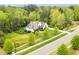 Aerial view of a white brick home with lush lawns and mature trees at 5040 Shakori Trl, Chapel Hill, NC 27707