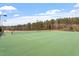Well-maintained tennis court with benches for spectators, surrounded by lush trees and greenery at 169 Hidden Bluff Dr, Chapel Hill, NC 27517