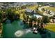 Aerial view of community amenities including a clubhouse, pool, pond with pier, walking trails, and green spaces at 1800 Bright Lantern Way, Wendell, NC 27591
