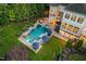 Aerial view of the beautiful backyard featuring a large pool, spa, and outdoor entertaining area at 1801 Oatlands Ct, Wake Forest, NC 27587