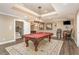 Basement game room with pool table, wet bar, recessed lighting, and rustic decor with carpeting at 1801 Oatlands Ct, Wake Forest, NC 27587