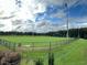 Well-maintained sports field with lights and fencing surrounded by greenery at 378 Oak Alley Trl, Clayton, NC 27527
