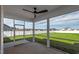Screened-in porch featuring a ceiling fan and an expansive view of the backyard at 40 Thunder Valley Ct, Lillington, NC 27546