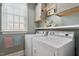 Functional laundry room with a side-by-side washer and dryer and built-in shelves for storage at 907 Vintage Hill Pkwy, Durham, NC 27712