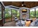 Cozy screened porch with stone fireplace, comfortable seating, and wooded views at 292 Choice Trl, Pittsboro, NC 27312
