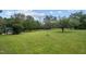 Spacious backyard featuring lush green lawn, mature trees, and a greenhouse on a sprawling lot at 1017 Holly Creek Ln, Chapel Hill, NC 27516