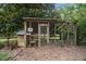 Rustic chicken coop with wire mesh and wooden structure, surrounded by lush greenery in a backyard setting at 1017 Holly Creek Ln, Chapel Hill, NC 27516