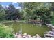 Picturesque pond surrounded by lush vegetation and mature trees, with a charming chicken coop nearby at 1017 Holly Creek Ln, Chapel Hill, NC 27516