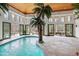 Unique indoor pool area featuring a palm tree and multiple access points to outdoor spaces at 102 Anna Lake Ln, Cary, NC 27513
