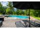 Beautiful outdoor pool and jacuzzi surrounded by lush landscaping and patio furniture at 1416 Barony Lake Way, Raleigh, NC 27614