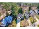 Aerial view showcases the brick home's location within a lush, tree-filled neighborhood at 2909 Hawtree Dr, Raleigh, NC 27613
