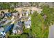 Aerial view of the homes, mature trees, streets, and golf course in the residential neighborhood at 2909 Hawtree Dr, Raleigh, NC 27613