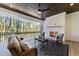 An inviting covered porch with a fireplace, comfortable seating, and scenic outdoor views at 4501 Bartlett Dr, Raleigh, NC 27609