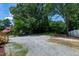 Large gravel parking area at the rear of a property, close to shade trees and the rear entry to the home at 221 Charlotte Ave, Sanford, NC 27330