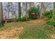 Spacious, landscaped backyard features mature trees, a house, and a charming shed at 2930 Hostetler St, Raleigh, NC 27609