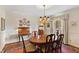 Elegant dining room with a chandelier, decorative wall plates, and hardwood floors at 5008 Hermitage Dr, Raleigh, NC 27612