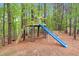 A backyard wooded area featuring a custom treehouse with a slide and other backyard games at 749 Bowden Rd, Chapel Hill, NC 27516