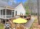 Backyard features a wooden deck and patio perfect for outdoor dining and entertaining at 749 Bowden Rd, Chapel Hill, NC 27516